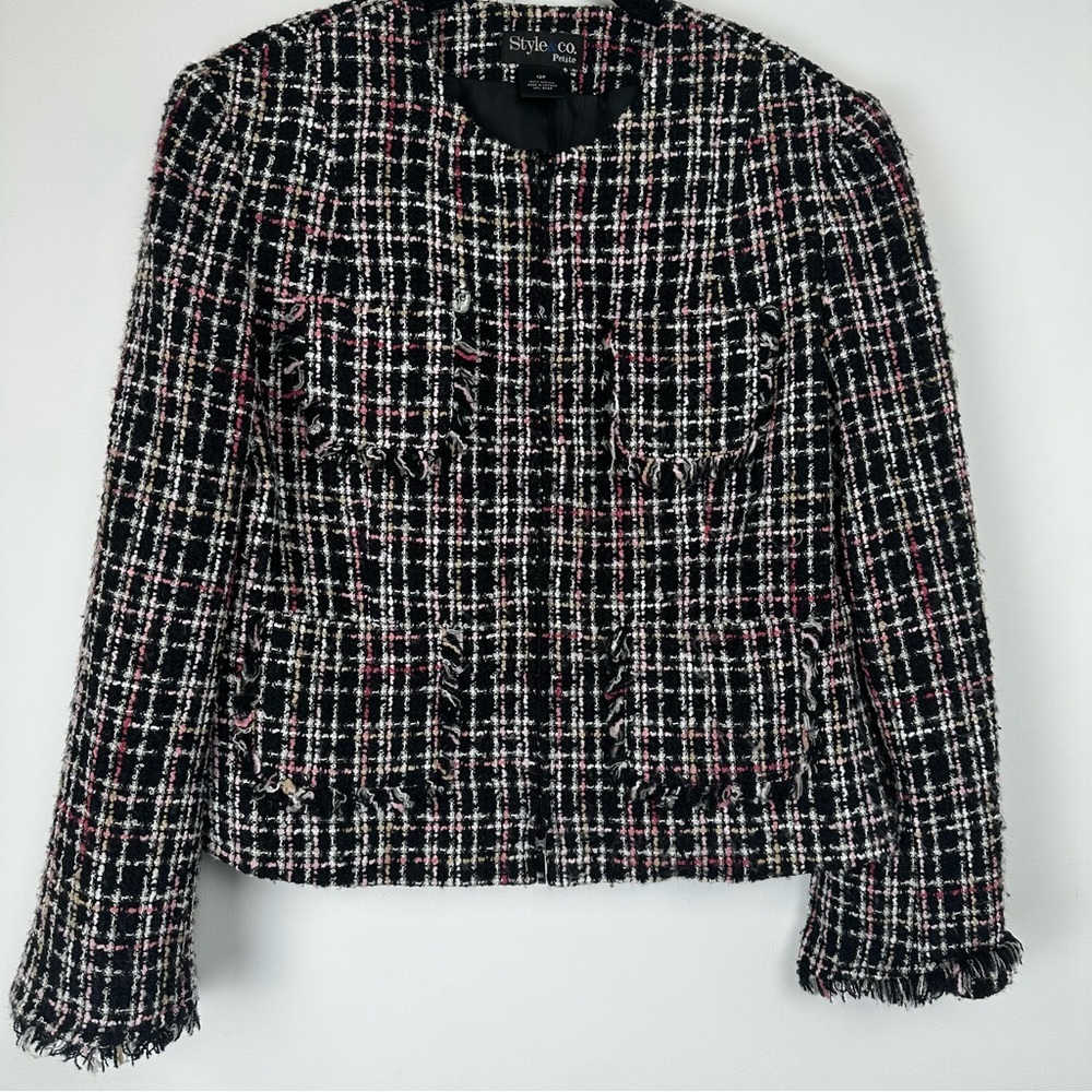 Style & Co Jacket Size 12‎ Petite Tweed 2 Way Zip  Preppy Business Casual